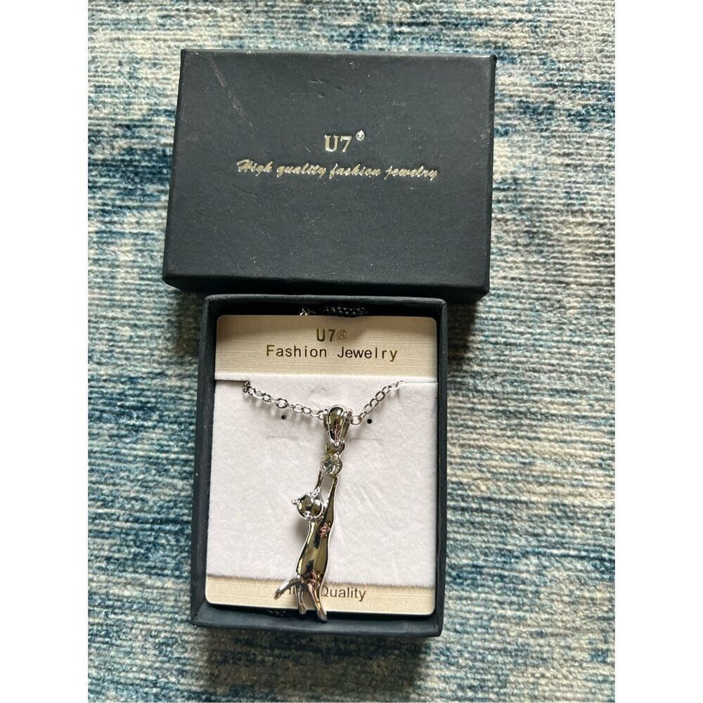 U7 Silver Tone Cat Rhinestone Fashion Necklace